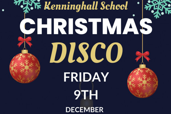 Kenninghall Primary School Christmas Disco 2022 Poster, snowflakes, baubles